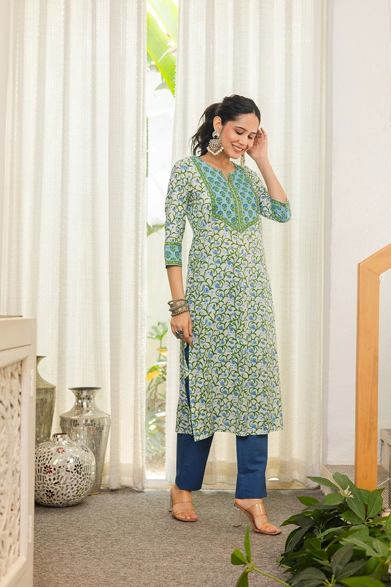 Blue Hand Block Printed Straight cotton Kurta
