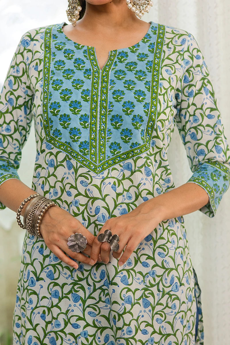Blue Hand Block Printed Straight cotton Kurta