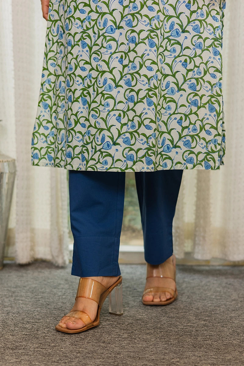 Blue Hand Block Printed Straight cotton Kurta