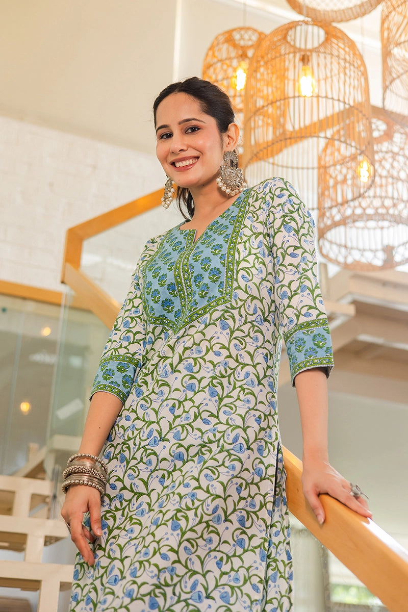 Blue Hand Block Printed Straight cotton Kurta