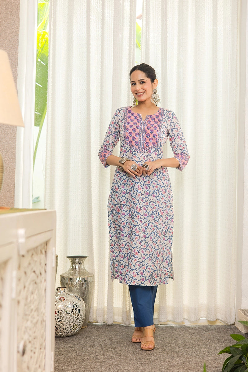Peach Hand Block Printed Straight cotton Kurta