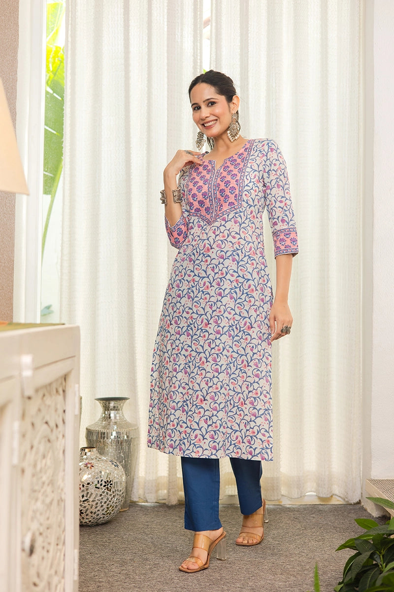 Peach Hand Block Printed Straight cotton Kurta