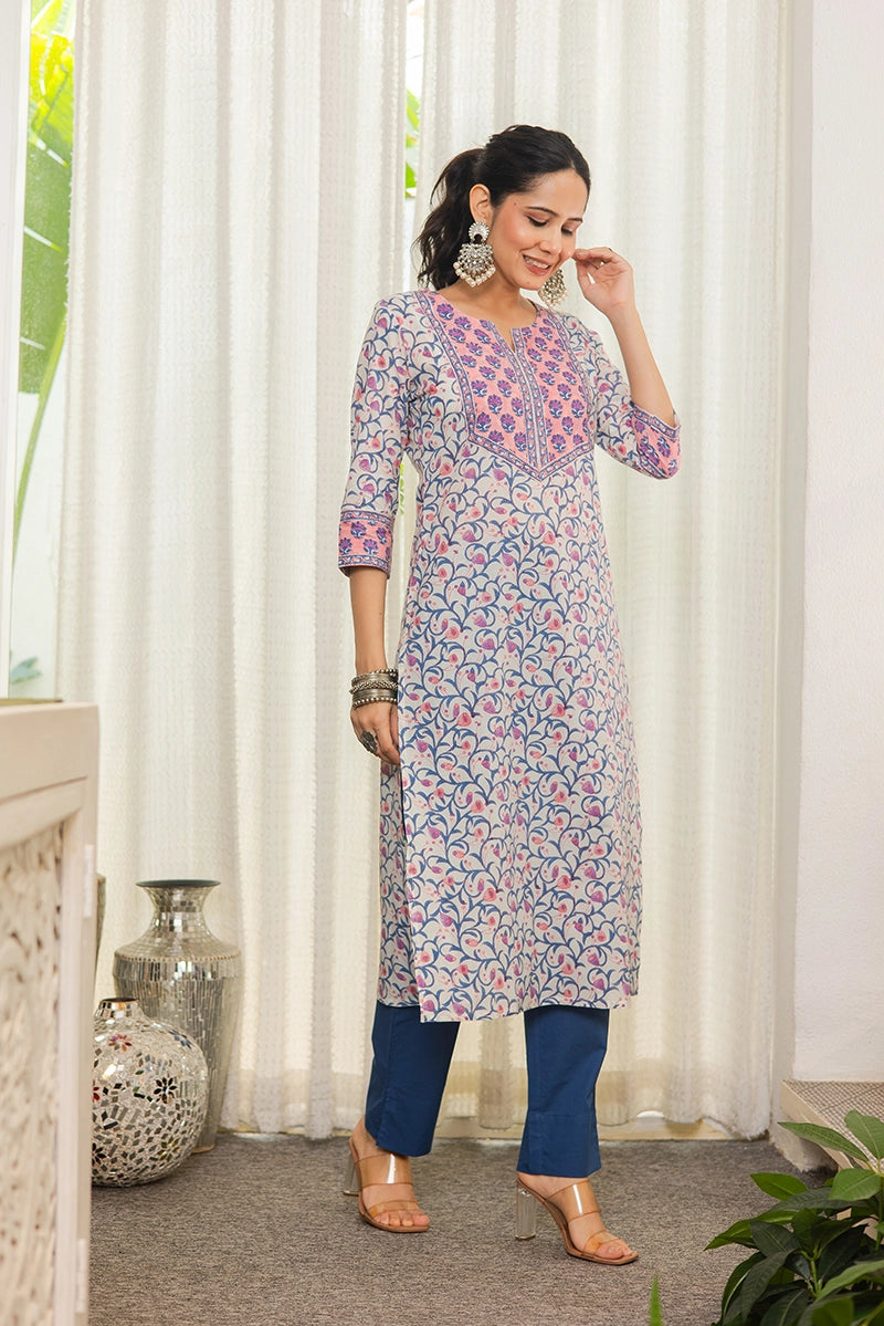 Peach Hand Block Printed Straight cotton Kurta