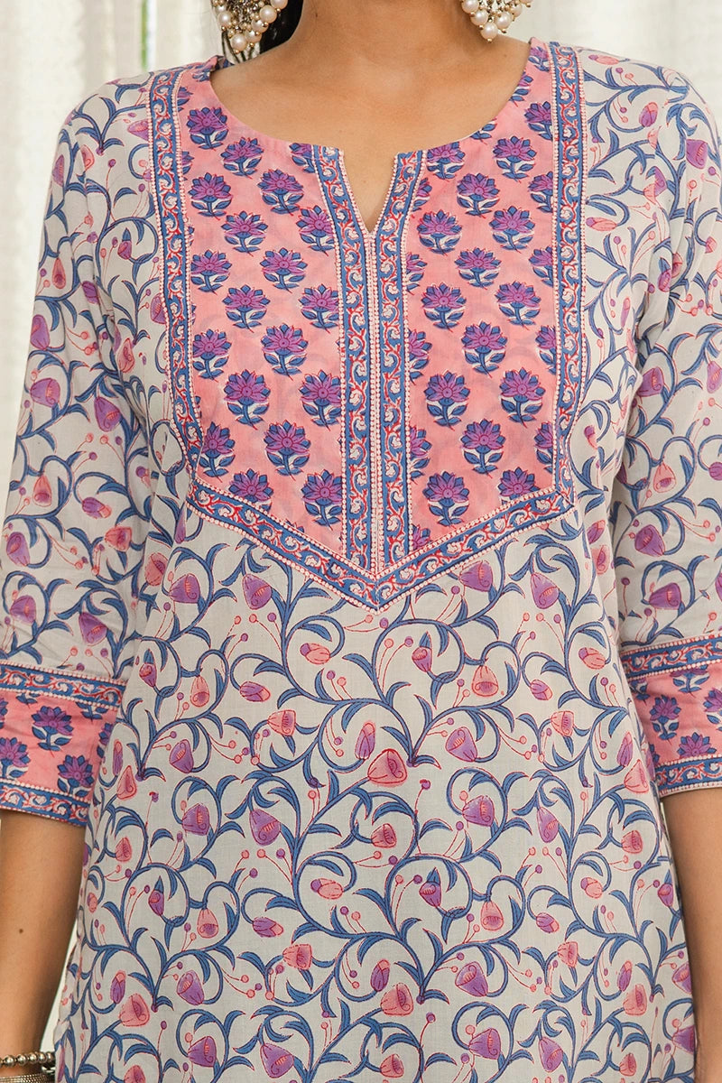 Peach Hand Block Printed Straight cotton Kurta