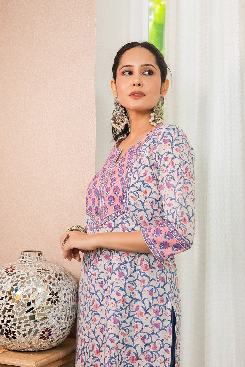 Peach Hand Block Printed Straight cotton Kurta