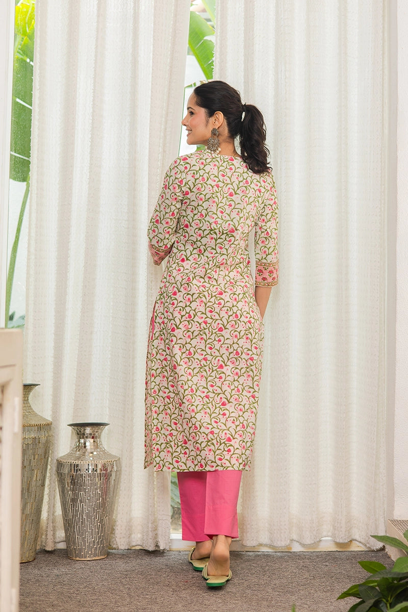 Pink Hand Block Printed Straight cotton Kurta