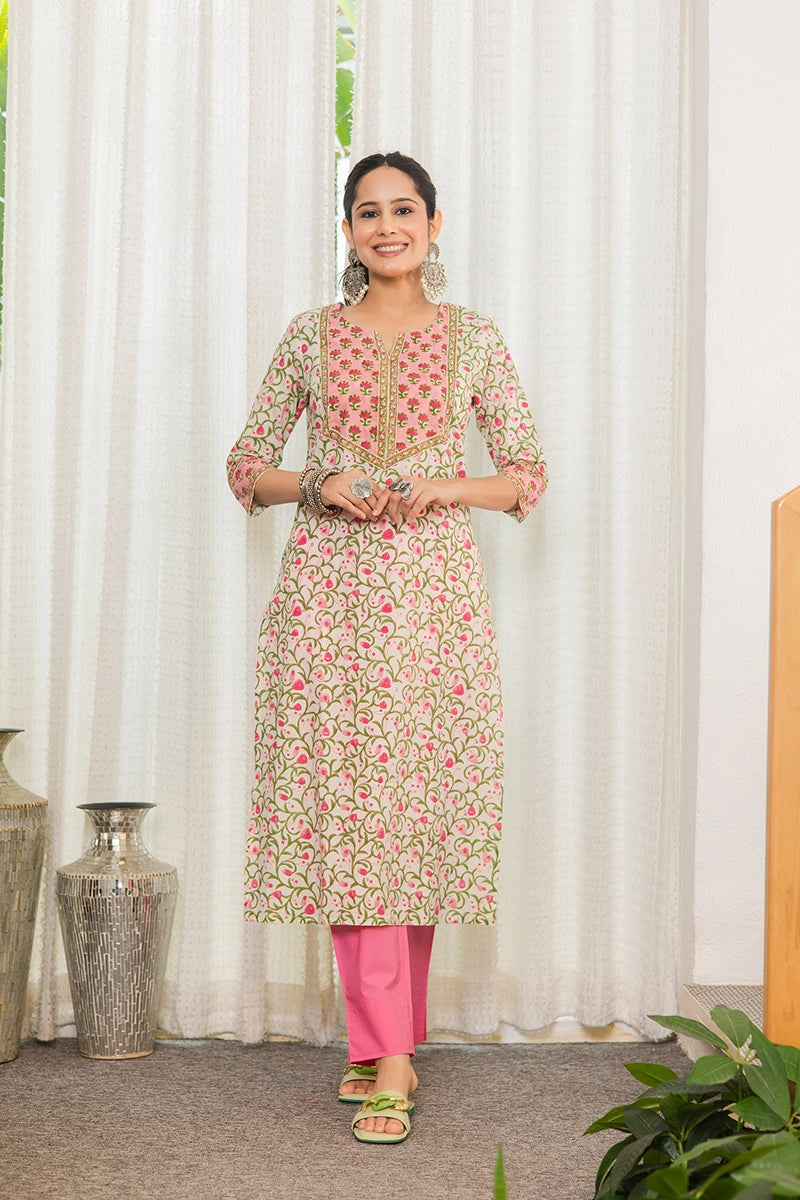 Pink Hand Block Printed Straight cotton Kurta