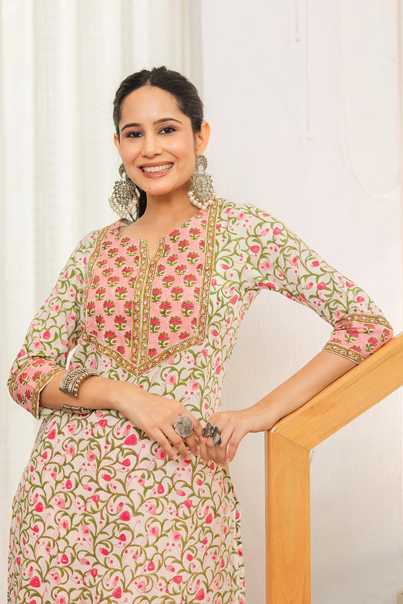 Pink Hand Block Printed Straight cotton Kurta