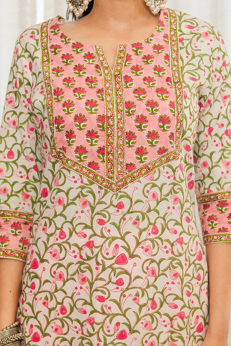 Pink Hand Block Printed Straight cotton Kurta