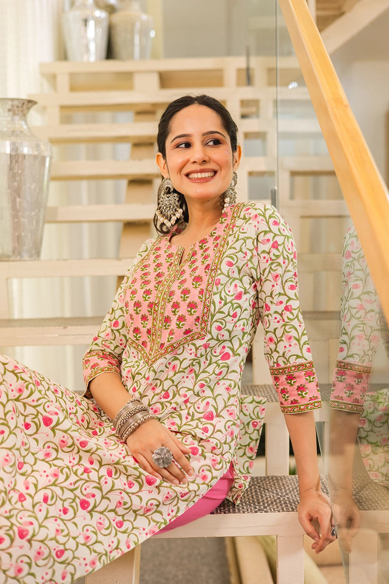 Pink Hand Block Printed Straight cotton Kurta