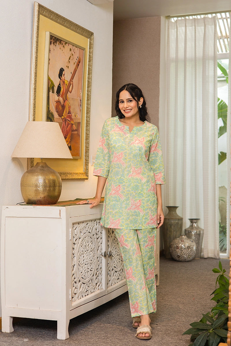 Pastel Green Hand Block Bird Print Cotton Co-ord Set