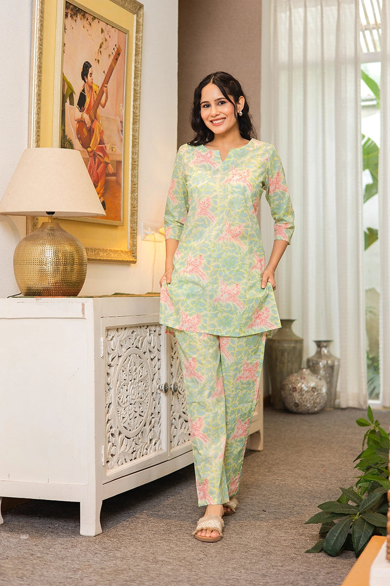 Pastel Green Hand Block Bird Print Cotton Co-ord Set