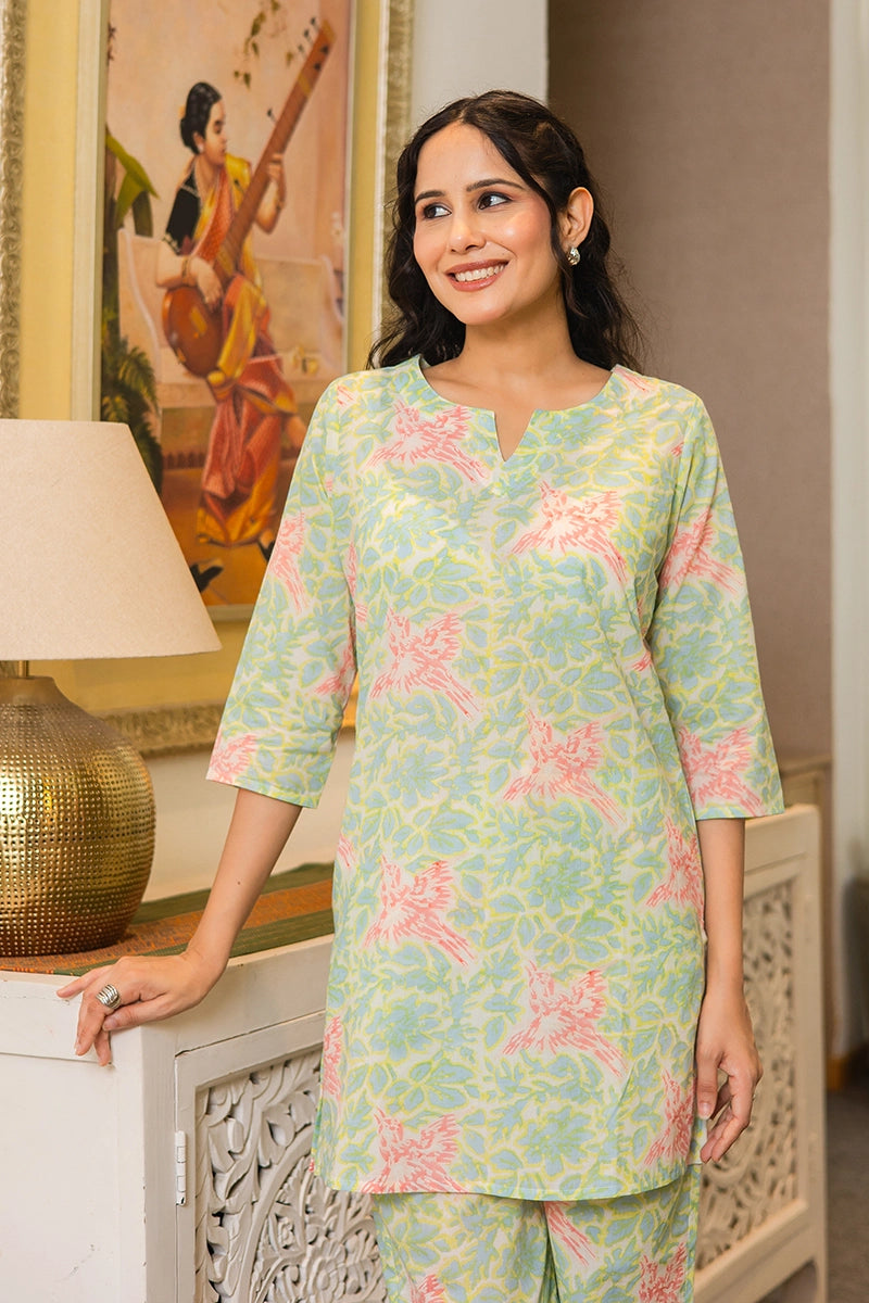 Pastel Green Hand Block Bird Print Cotton Co-ord Set