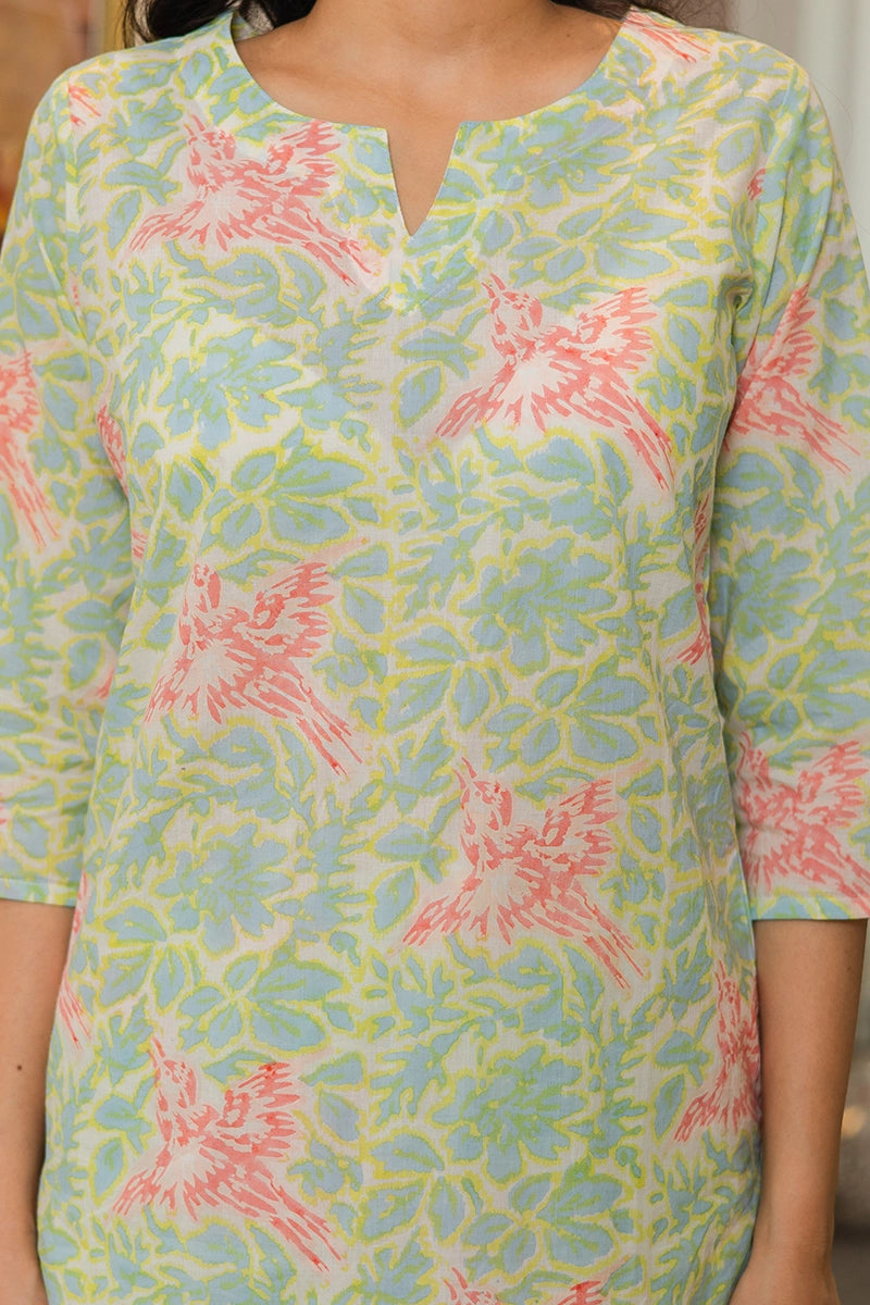 Pastel Green Hand Block Bird Print Cotton Co-ord Set