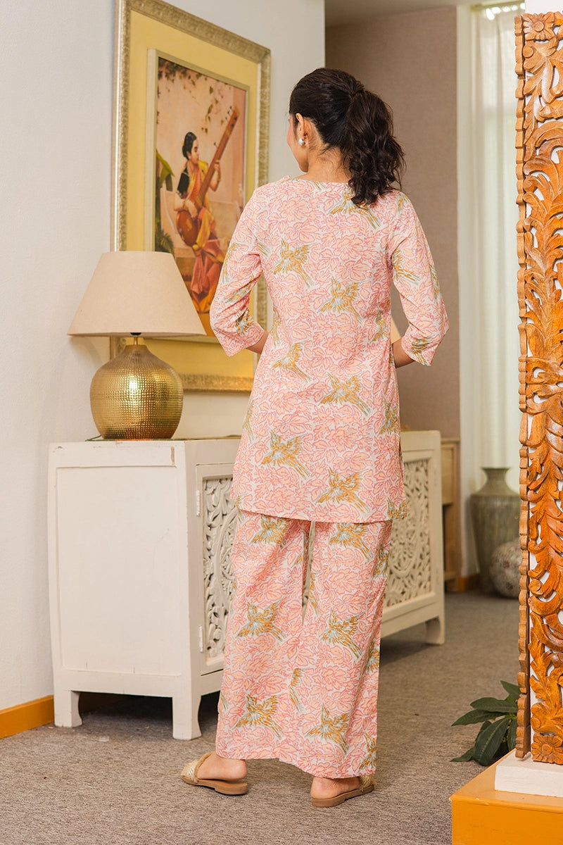 Blush Pink Hand Block Bird Print Cotton Co-ord Set