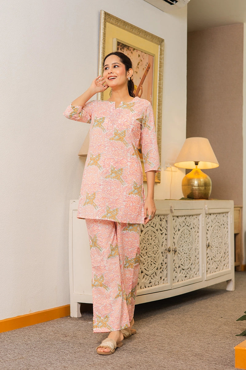Blush Pink Hand Block Bird Print Cotton Co-ord Set
