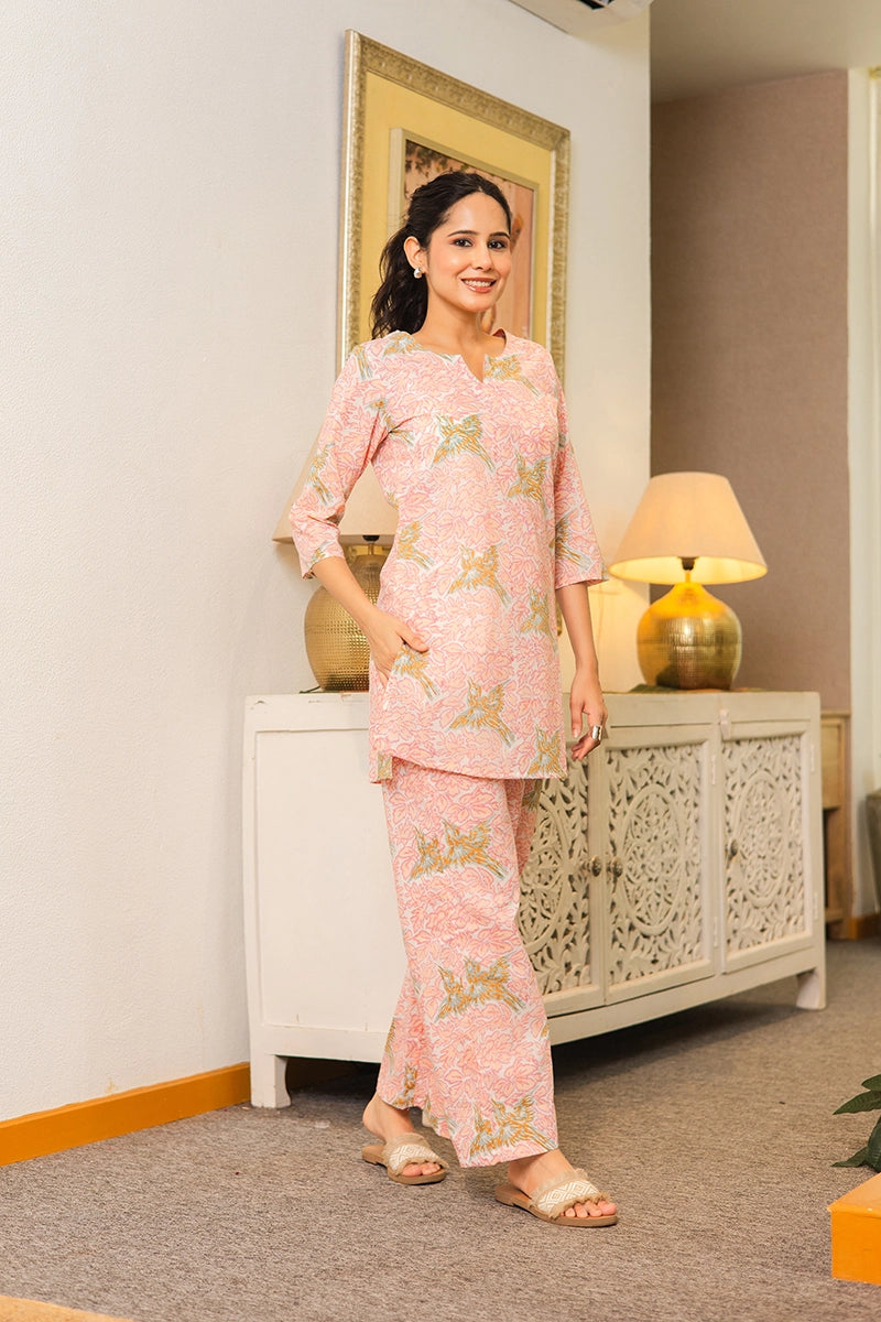 Blush Pink Hand Block Bird Print Cotton Co-ord Set