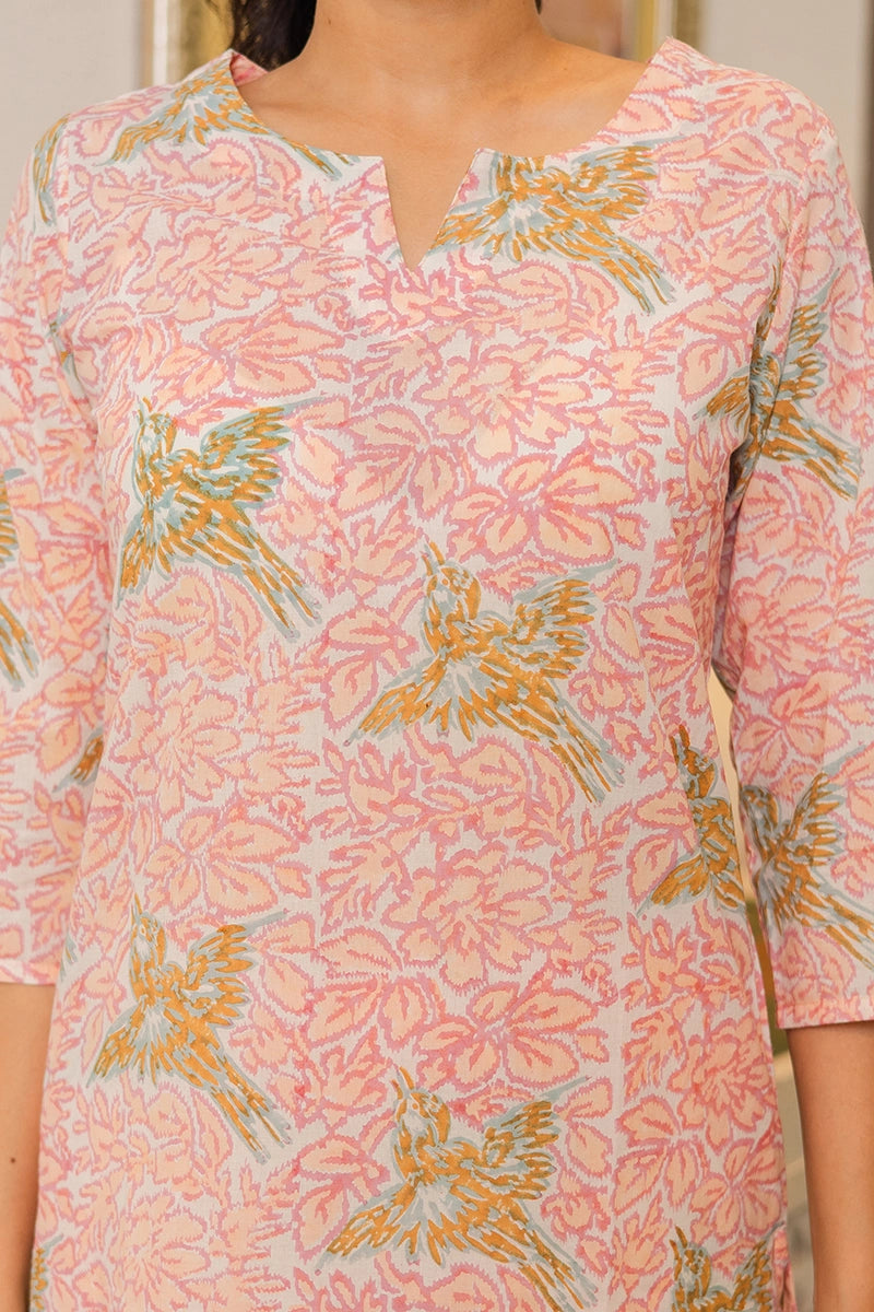 Blush Pink Hand Block Bird Print Cotton Co-ord Set