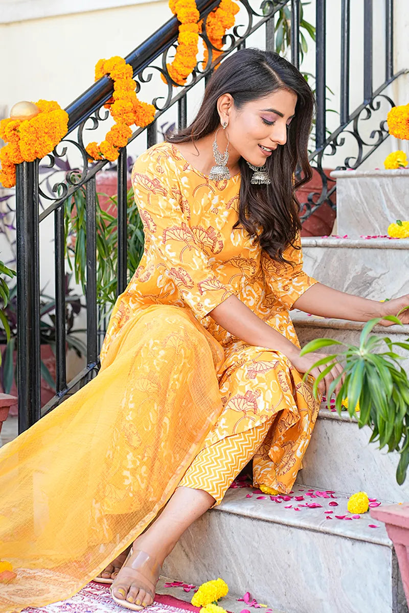 Mustard Anarkali Kurta With Trouser & Kota Doria Dupatta