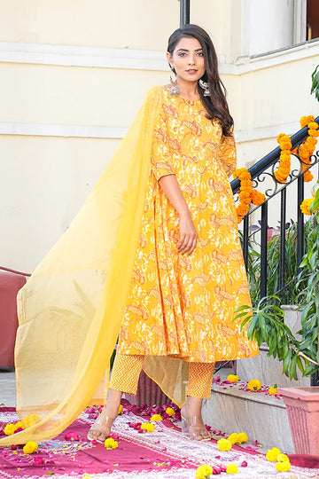 Mustard Anarkali Kurta With Trouser & Kota Doria Dupatta