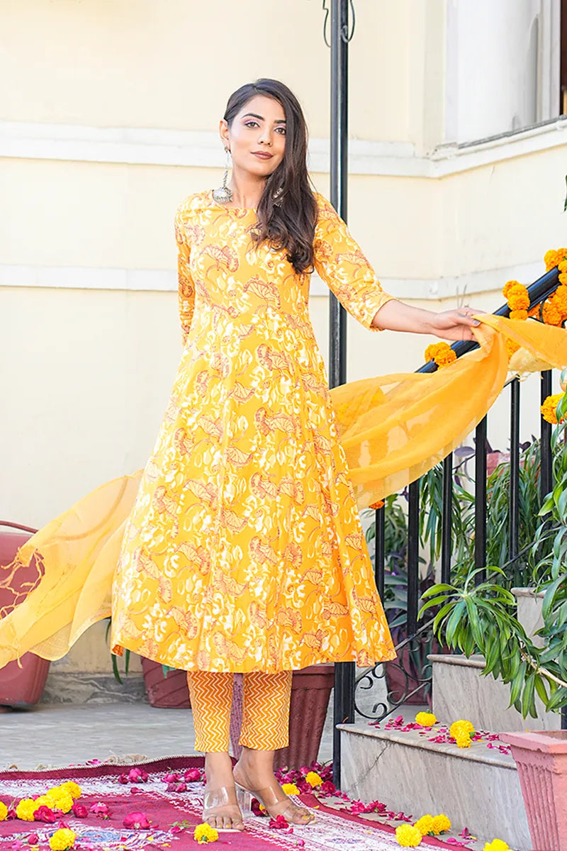 Mustard Anarkali Kurta With Trouser & Kota Doria Dupatta