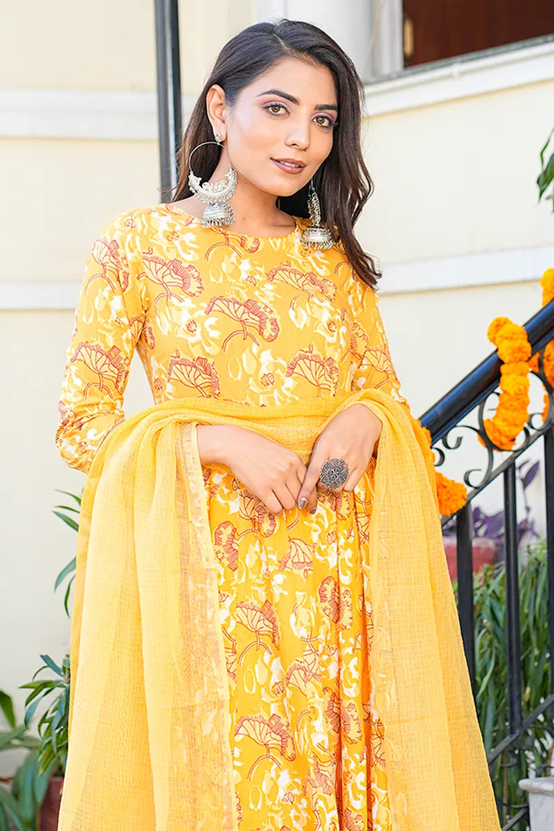 Mustard Anarkali Kurta With Trouser & Kota Doria Dupatta