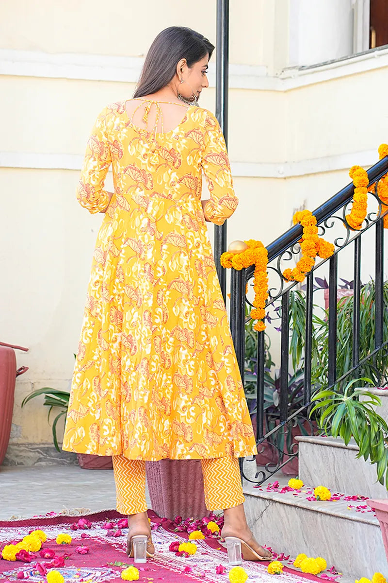 Mustard Anarkali Kurta With Trouser & Kota Doria Dupatta