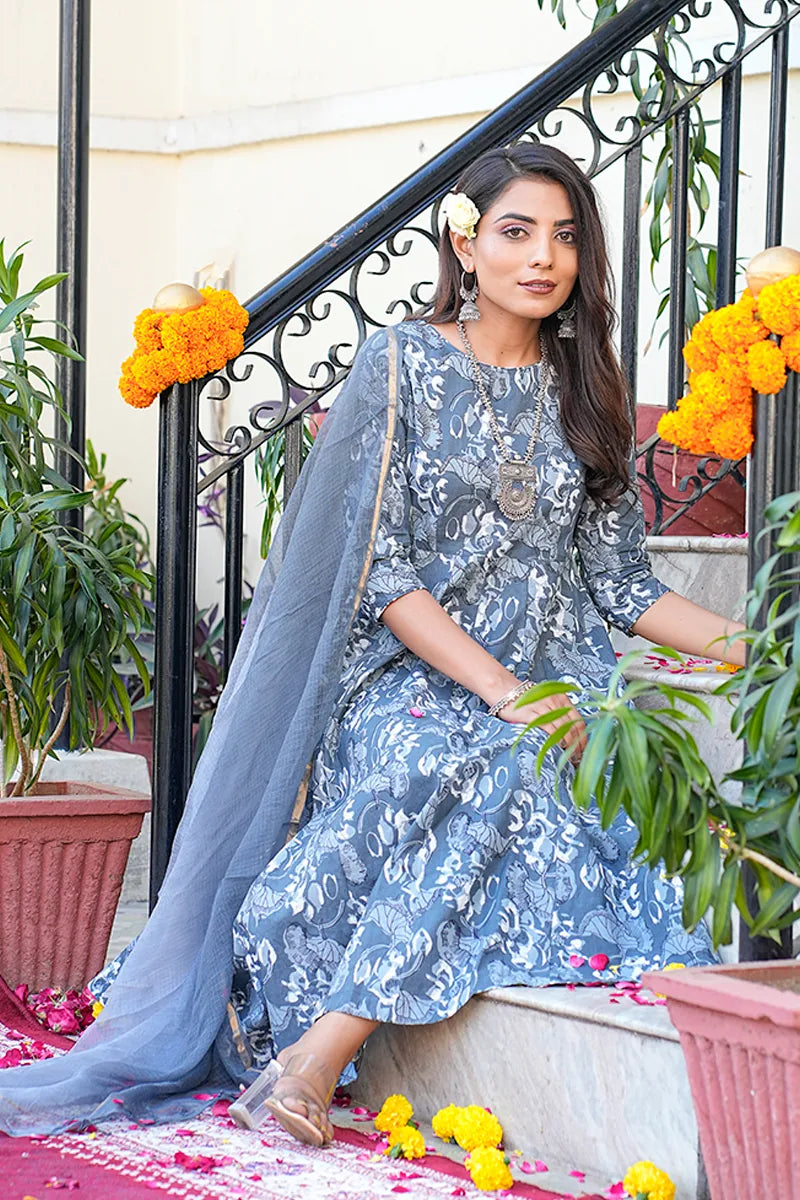 Grey Anarkali Kurta With Trouser & Kota Doria Dupatta