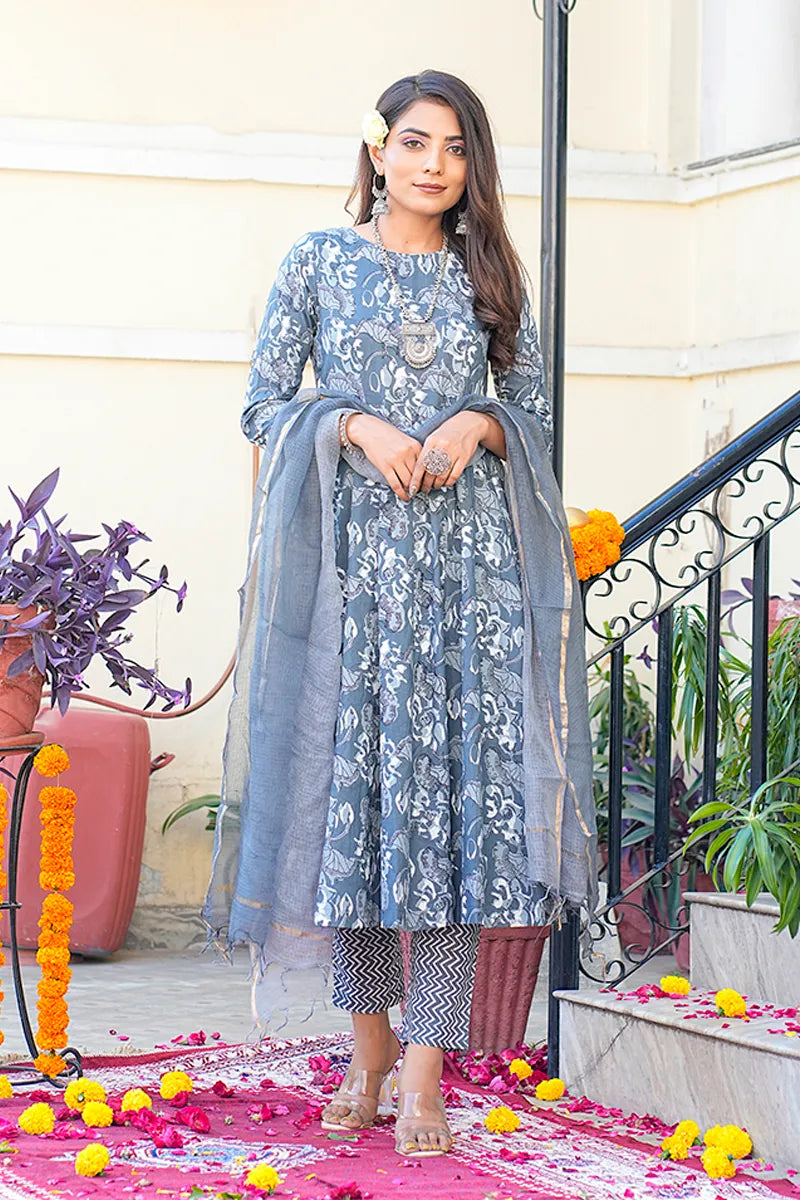 Grey Anarkali Kurta With Trouser & Kota Doria Dupatta