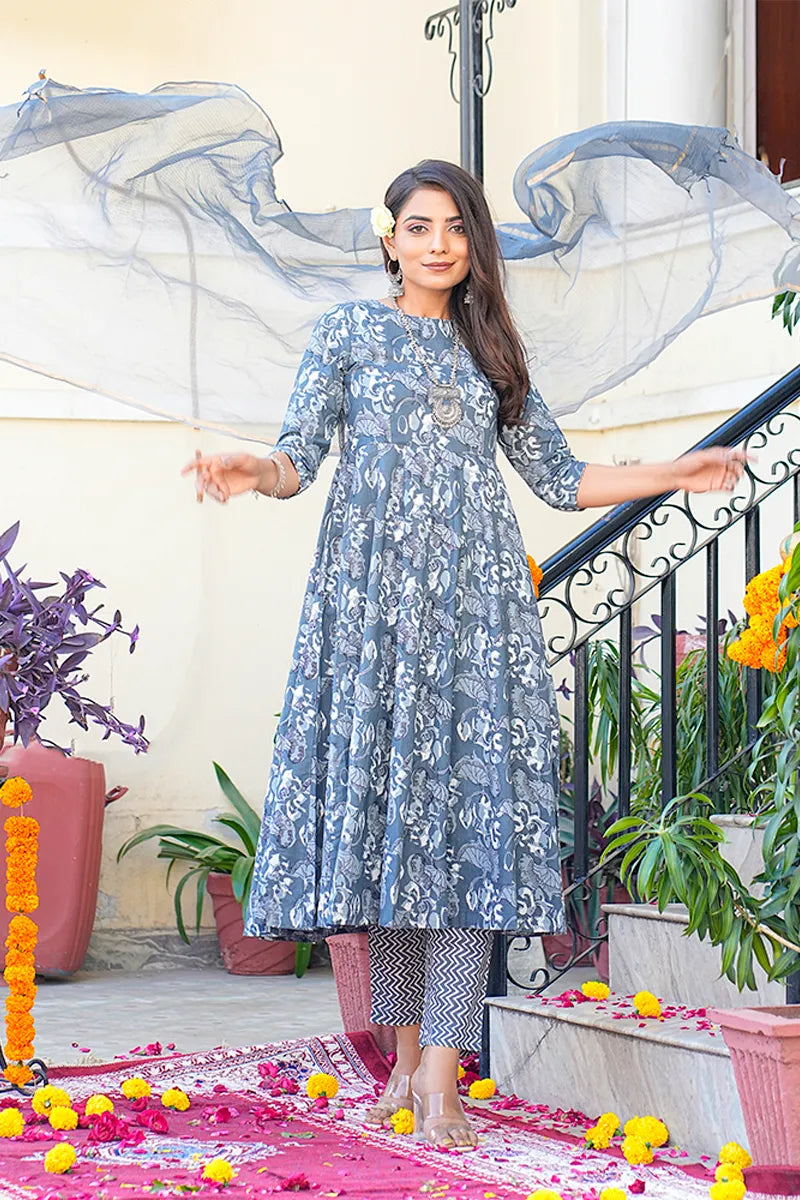 Grey Anarkali Kurta With Trouser & Kota Doria Dupatta