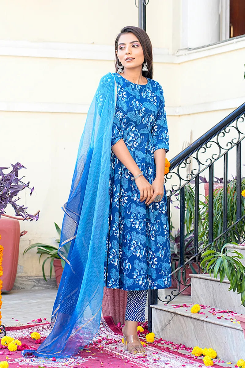 Navy Anarkali Kurta With Trouser & Kota Doria Dupatta