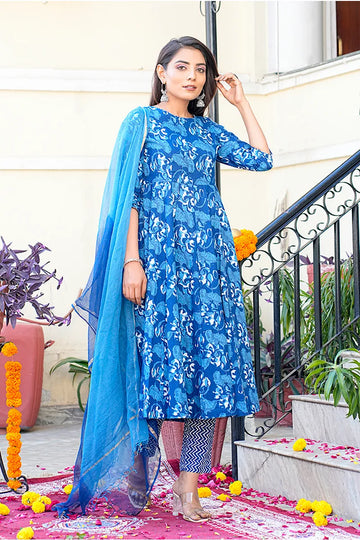 Navy Anarkali Kurta With Trouser & Kota Doria Dupatta