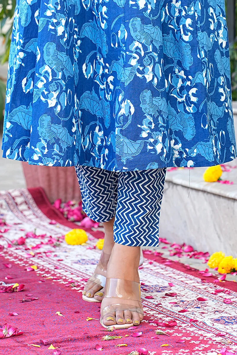Navy Anarkali Kurta With Trouser & Kota Doria Dupatta