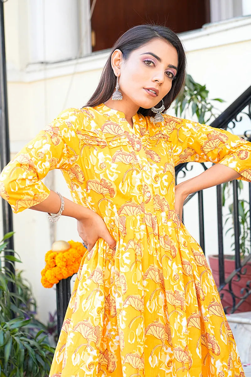 Mustard Dabu Hand Block Printed Short Dress