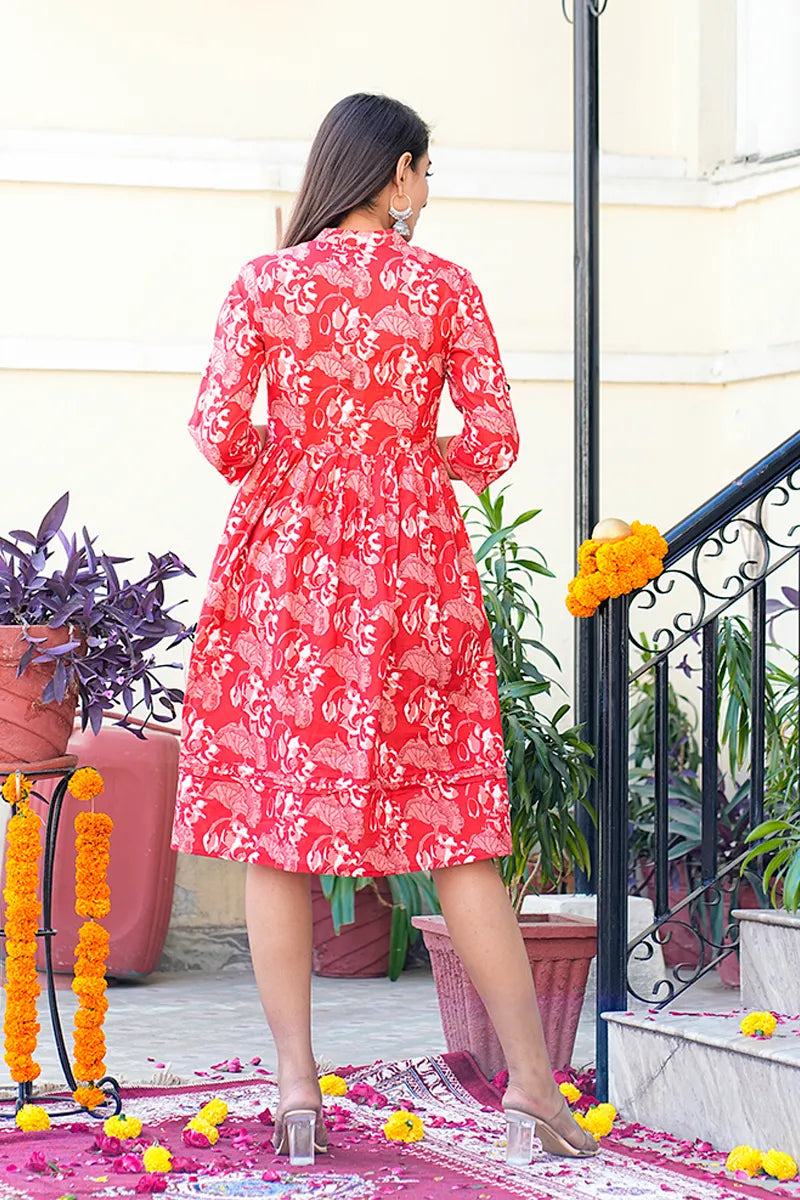 Red Dabu Hand Block Printed Short Dress