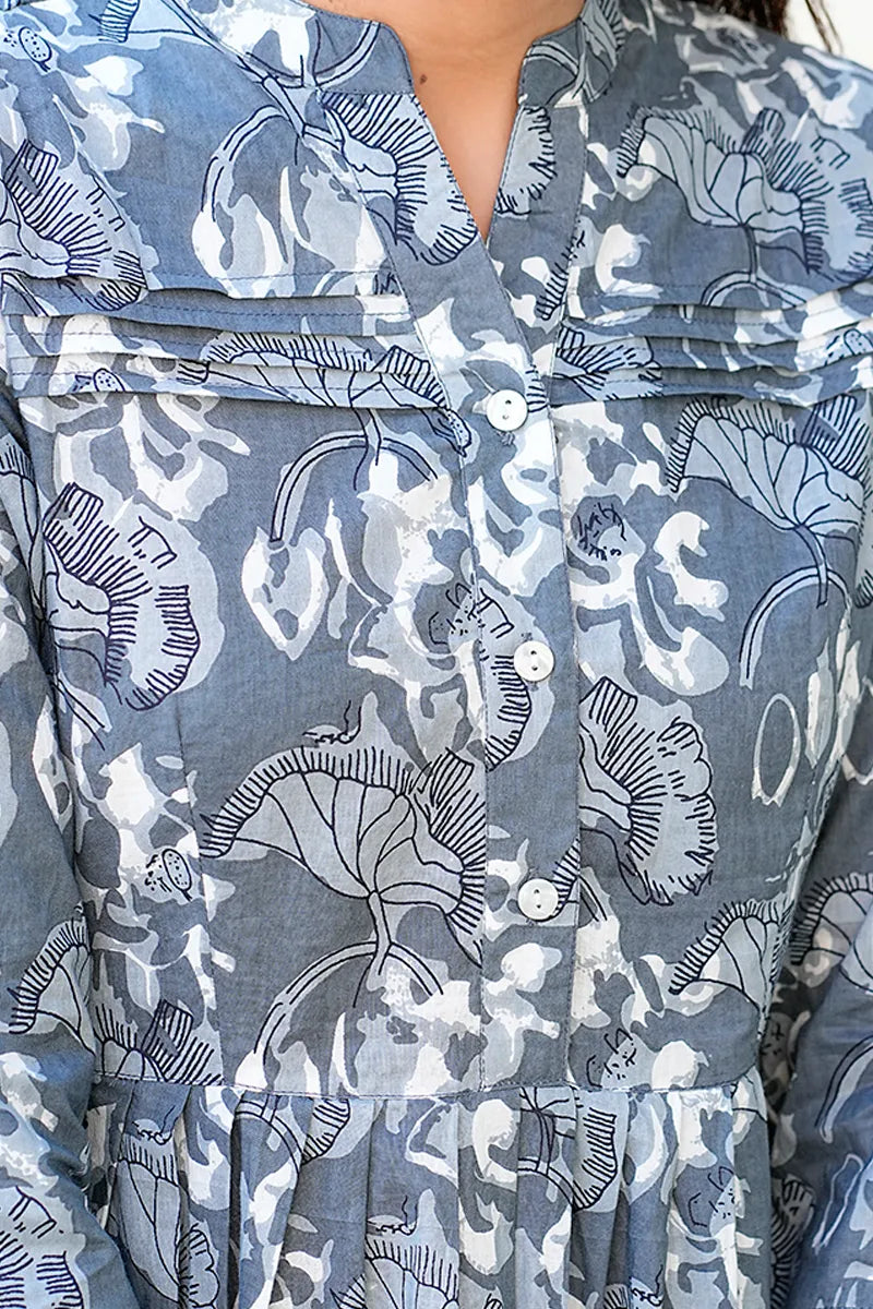 Grey Dabu Hand Block Printed Short Dress
