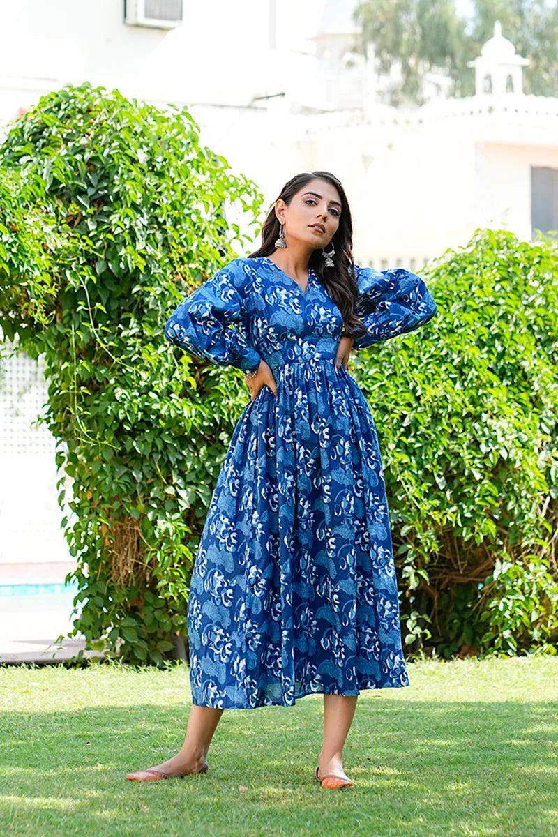 Navy Printed Long Dress With All Round Gather & Puffed Long Sleeves