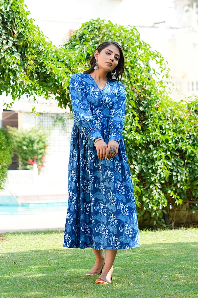 Navy Printed Long Dress With All Round Gather & Puffed Long Sleeves