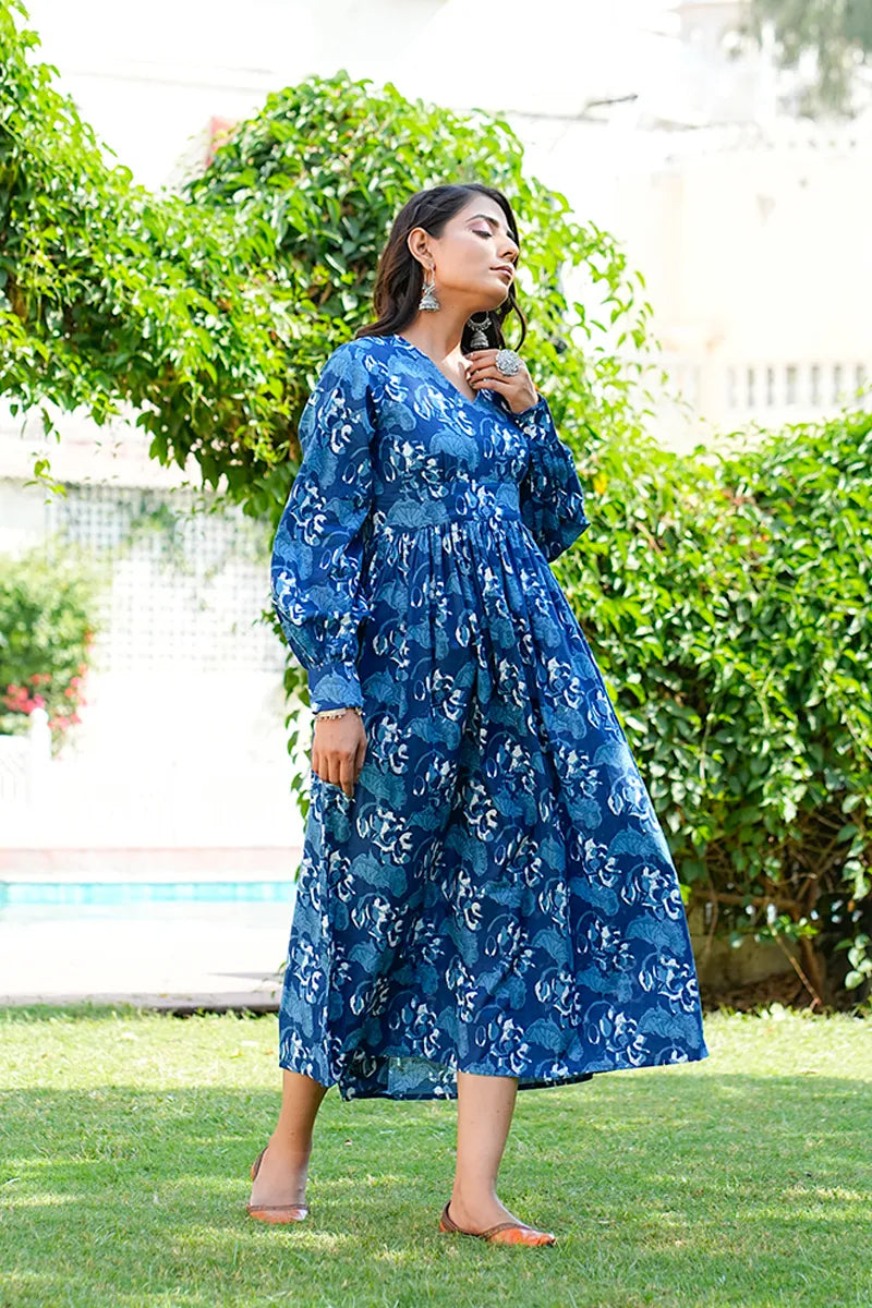 Navy Printed Long Dress With All Round Gather & Puffed Long Sleeves