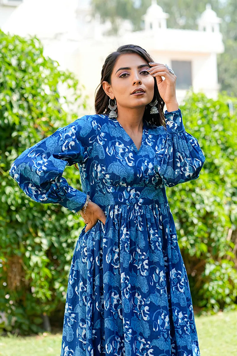 Navy Printed Long Dress With All Round Gather & Puffed Long Sleeves
