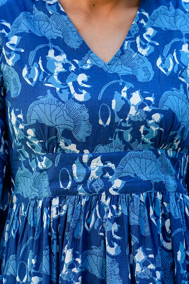 Navy Printed Long Dress With All Round Gather & Puffed Long Sleeves