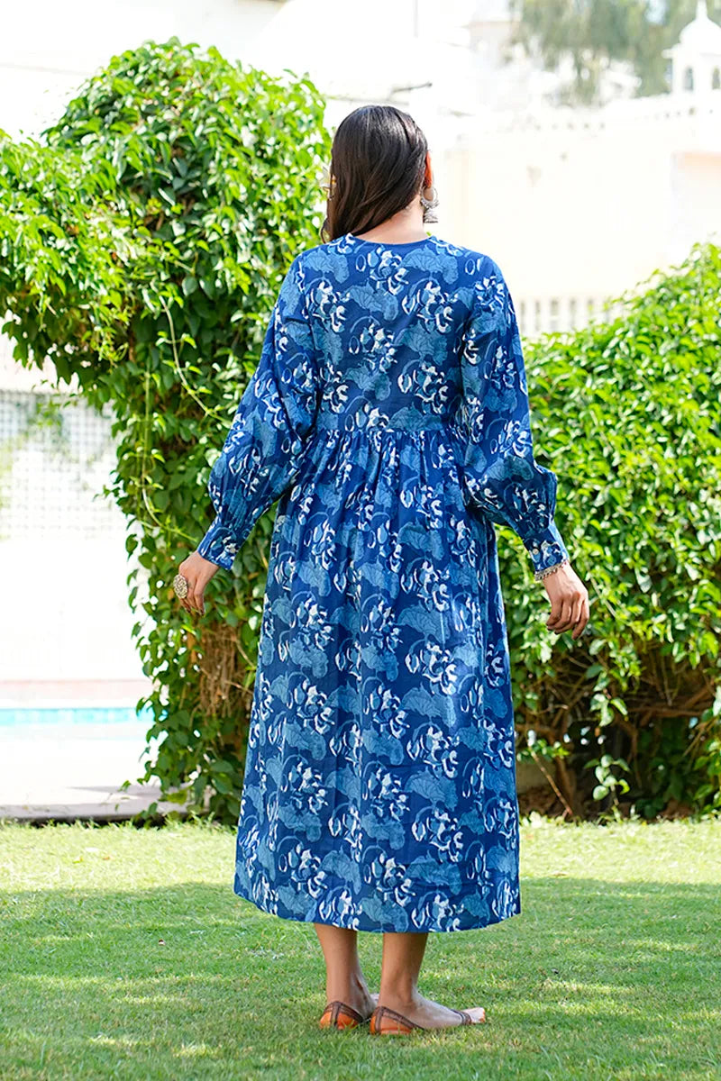 Navy Printed Long Dress With All Round Gather & Puffed Long Sleeves