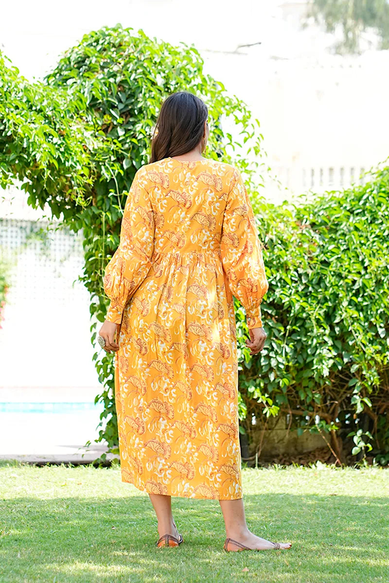 Mustard Daboo Printed Long Dress With All Round Gather & Puffed Long Sleeves
