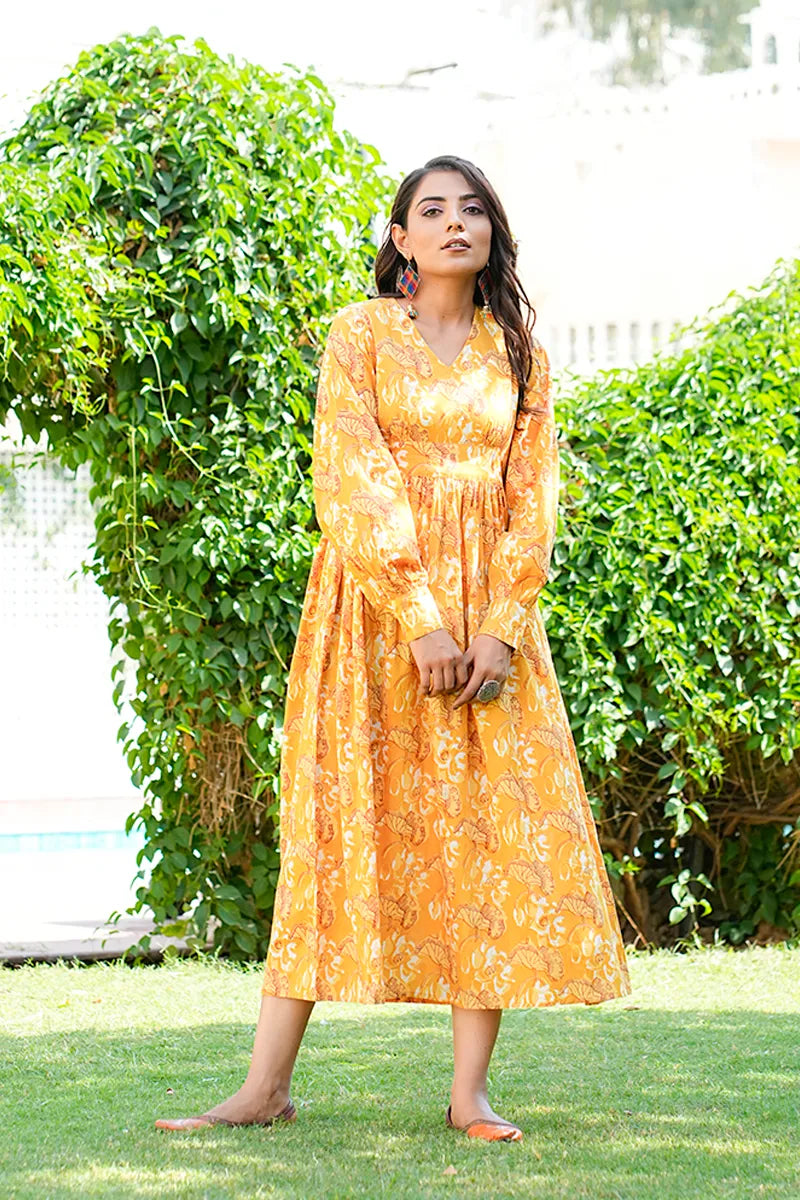 Mustard Daboo Printed Long Dress With All Round Gather & Puffed Long Sleeves