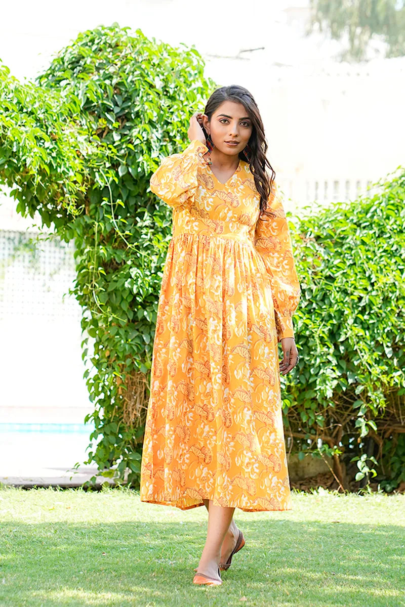 Mustard Daboo Printed Long Dress With All Round Gather & Puffed Long Sleeves