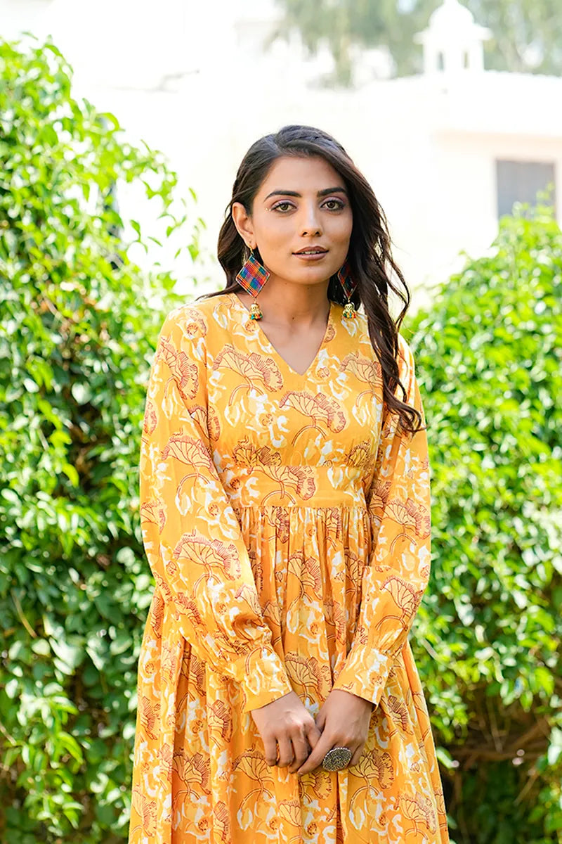 Mustard Daboo Printed Long Dress With All Round Gather & Puffed Long Sleeves