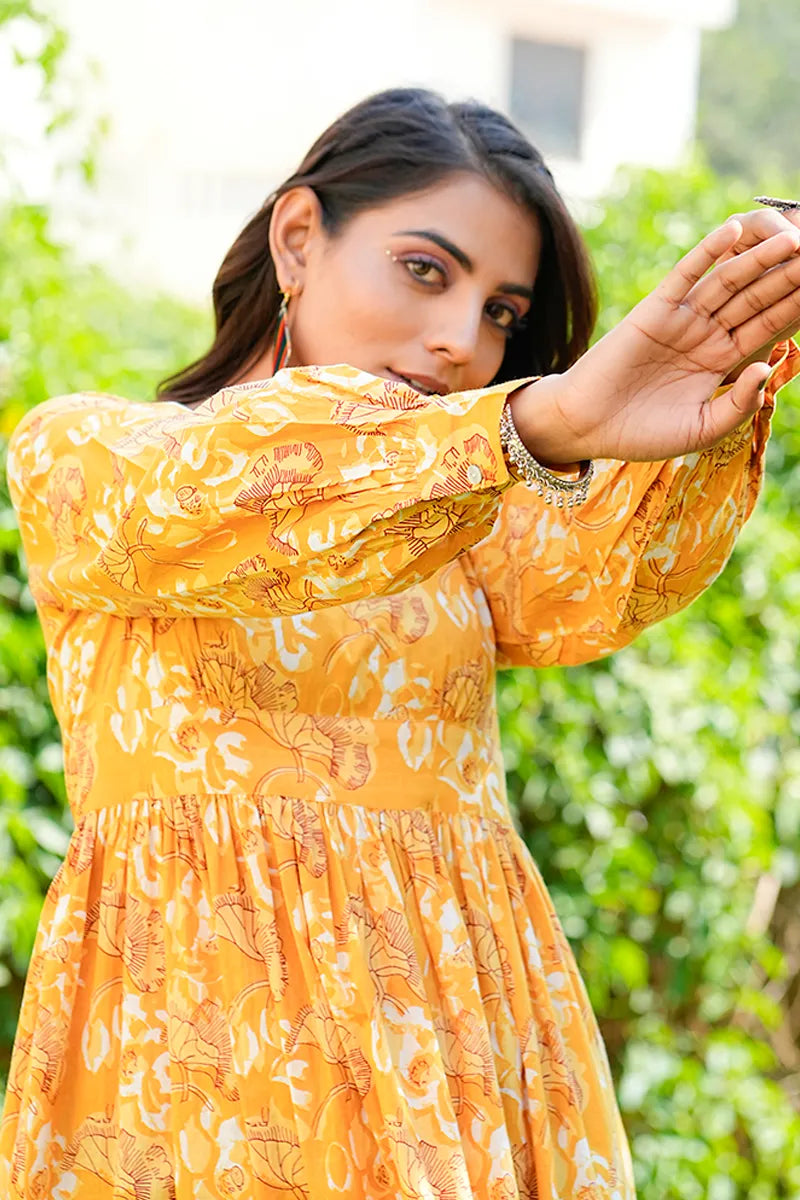 Mustard Daboo Printed Long Dress With All Round Gather & Puffed Long Sleeves