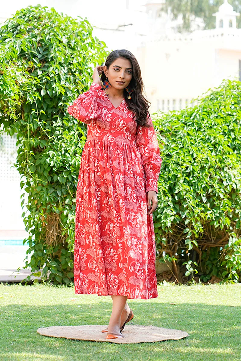 Red Printed Long Dress With All Round Gather & Puffed Long Sleeves