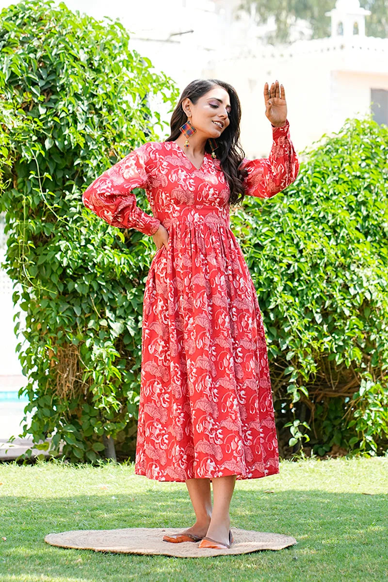 Red Printed Long Dress With All Round Gather & Puffed Long Sleeves