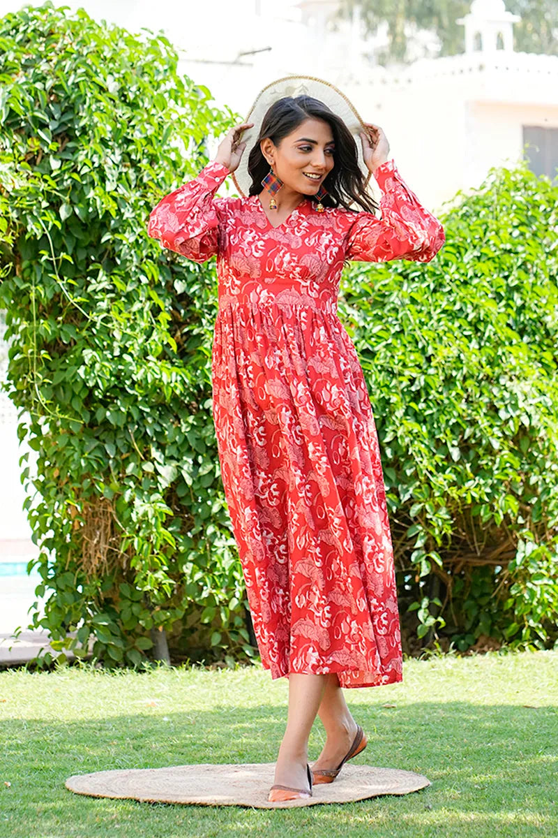 Red Printed Long Dress With All Round Gather & Puffed Long Sleeves